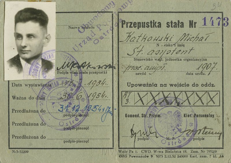 KKE 5425.jpg - Dok. Przepustka pracownicza wydana przez Obwodowy Urząd Pocztowy w Ostródzie dla Michała Katkowskiego, Ostróda, 13 I 1934 r.